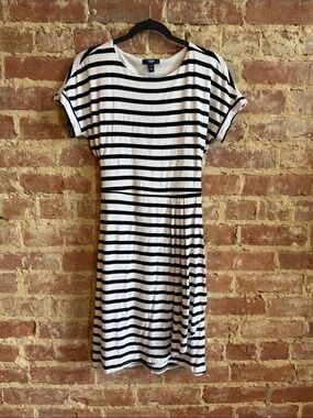 Chaps Black and White Striped faux wrap Dress